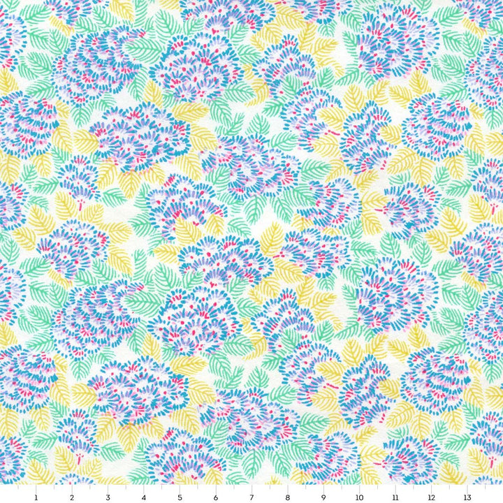 papier japonais yuzen chiyogami aux motifs de chrysanthemes ajania bleues, roses, vertes et jaunes adeline klam de 14cm par 14cm (M994)