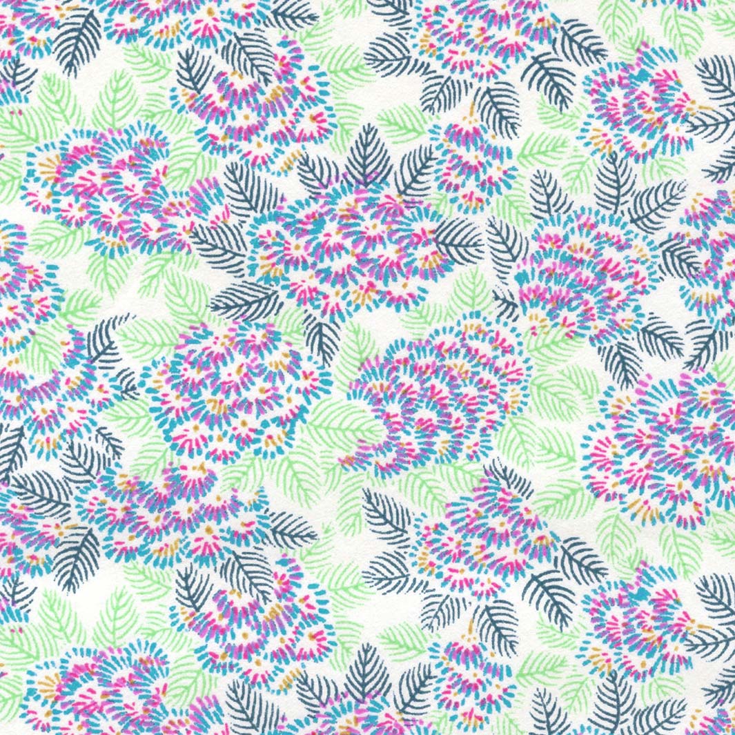papier japonais yuzen chiyogami aux motifs de chrysanthemes ajania magenta, bleu turquoise, bleu canard et vertes adeline klam de 10cm par 10cm (M994)