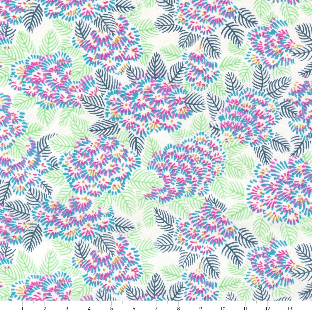 papier japonais yuzen chiyogami aux motifs de chrysanthemes ajania magenta, bleu turquoise, bleu canard et vertes adeline klam de 14cm par 14cm (M994)