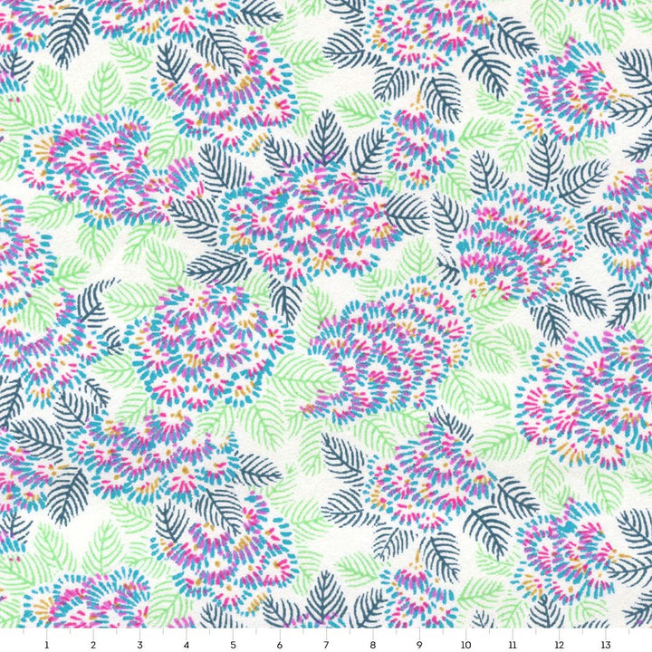 papier japonais yuzen chiyogami aux motifs de chrysanthemes ajania magenta, bleu turquoise, bleu canard et vertes adeline klam de 14cm par 14cm (M994)