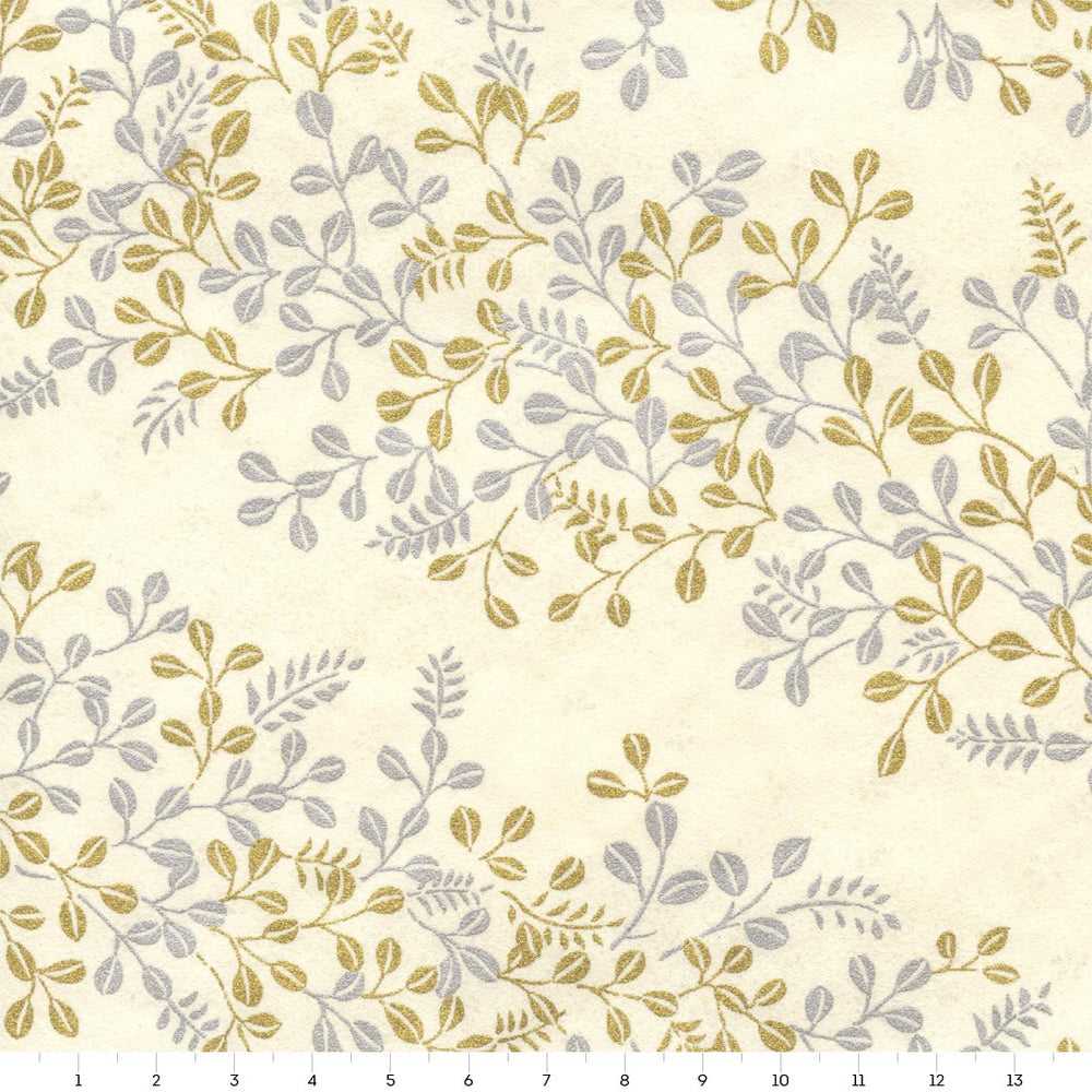 papier japonais yuzen aux motifs de feuillages variés dorés et argentés sur fond beige adeline klam M978 de 14cm par 14cm