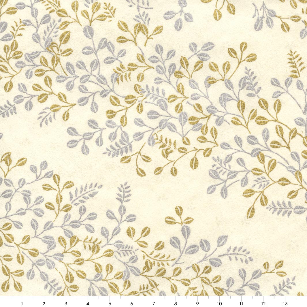 papier japonais yuzen aux motifs de feuillages variés dorés et argentés sur fond beige adeline klam M978 de 14cm par 14cm