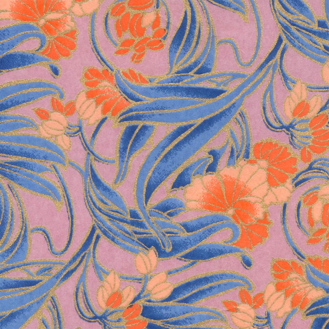 papier japonais yuzen chiyogami aux motifs de fleurs « art nouveau » mauves, bleus, corail et dorés adeline klam de 10cm par 10cm