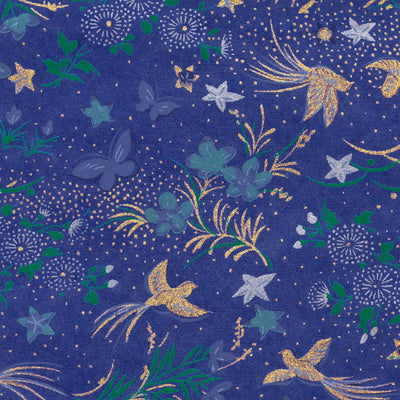 papier japonais yuzen chiyogami aux motifs de fleurs, d'oiseaux et de papillons bleu foncé, verts, mauve, argentés et dorés adeline klam de 10cm par 10cm (M992)