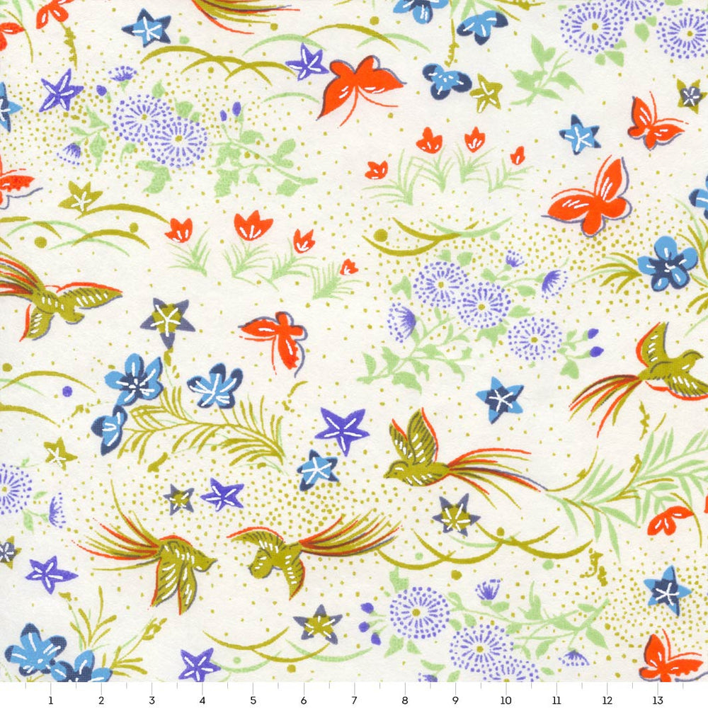 papier japonais yuzen chiyogami aux motifs de fleurs, d'oiseaux et de papillons crème, rouge orangé, bleus, mauve et verts adeline klam de 14cm par 14cm (M1002)