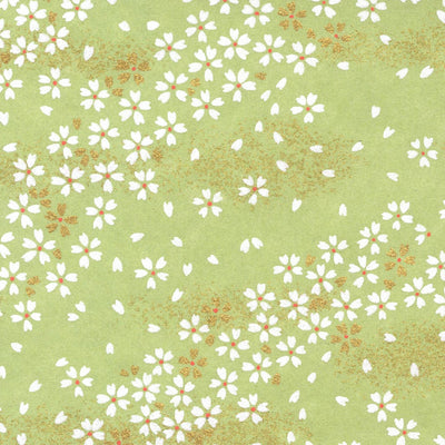 papier japonais yuzen chiyogami aux motifs de fleurs au vent sur fond vert amande adeline klam de 10cm par 10cm
