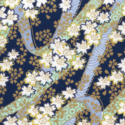 papier japonais yuzen chiyogami aux motifs d'ondulations fleuries bleu marine, bleu mauve, vert d'eau, jaune moutarde et or adeline klam de 10cm par 10cm (M999)