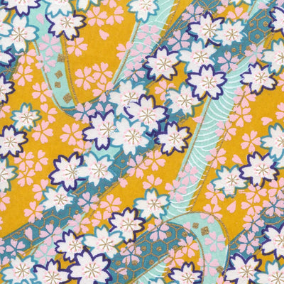 papier japonais yuzen chiyogami aux motifs d'ondulations fleuries jaune moutarde, vert d'eau, bleu canard, violet foncé, rose et or adeline klam de 10cm par 10cm (M1001)