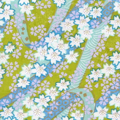 papier japonais yuzen chiyogami aux motifs d'ondulations fleuries jaune vert, bleu mauve, vert d'eau, lilas et or adeline klam de 10cm par 10cm (M1001)