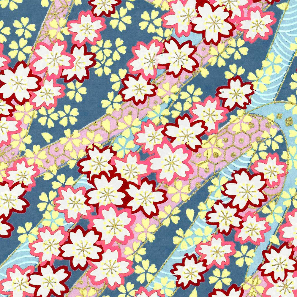 papier japonais yuzen chiyogami aux motifs d'ondulations fleuries roses, bleus, mauve, jaunes et dorés adeline klam de 10cm par 10cm (M390)