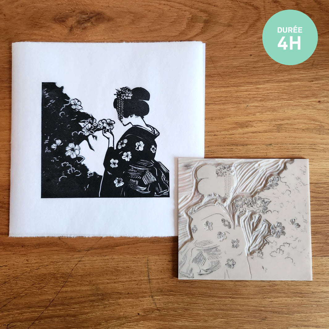 photo d'ambiance d'une linogravure de geisha de l'atelier/stage de linogravure japonaise avec Japanese Linocut