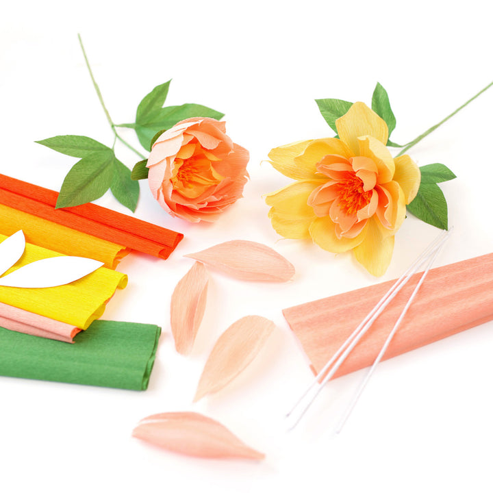 Kit Bouquet de Pivoines en Crépon - Jaune, Orange, Saumon et Vert