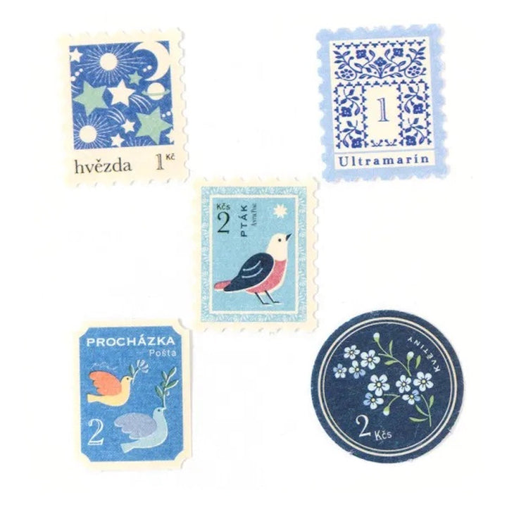 photo packshot des 5 modèles de timbres du lot de 20 stickers en forme de timbres vintages bleus de nb bo., ltd. japan