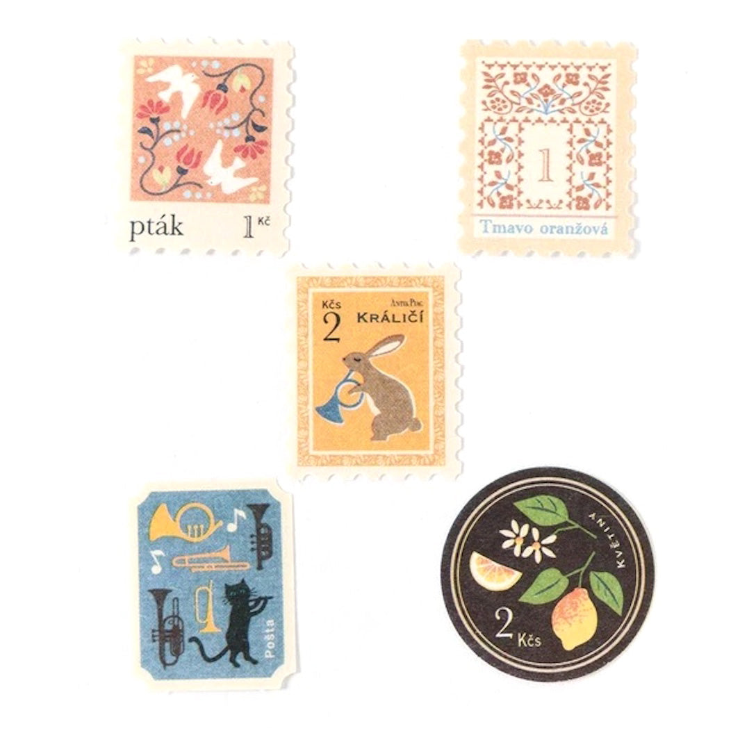 photo packshot des 5 modèles de timbres du lot de 20 stickers en forme de timbres vintages jaunes de nb bo., ltd. japan