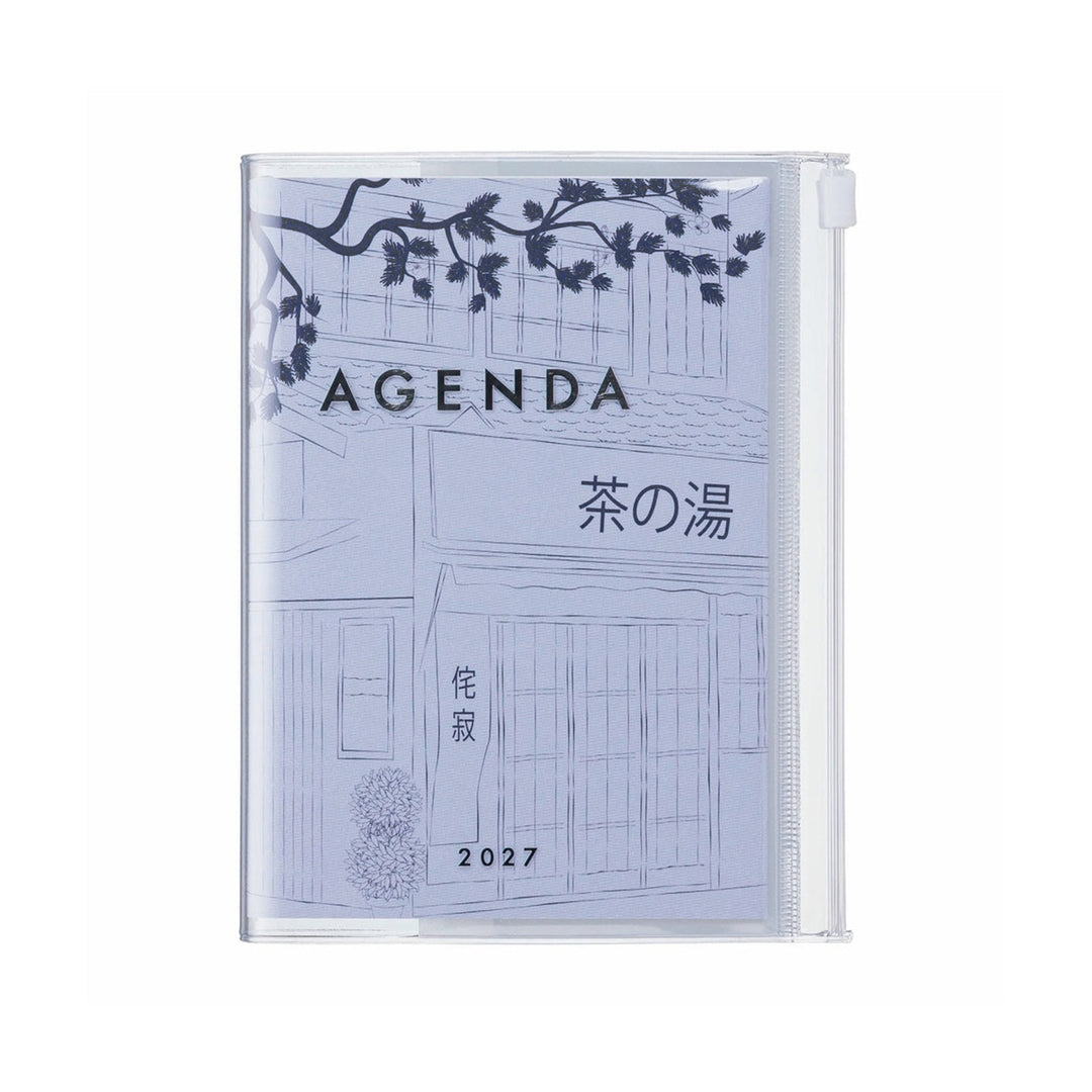 photo packshot de l'agenda 2026/2027 (16 mois) au format A6 de la marque mark's avec un motif d'échoppe de thé dans les tons bleu violet