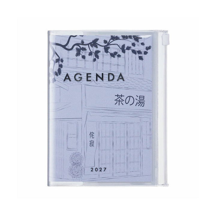 photo packshot de l'agenda 2026/2027 (16 mois) au format A6 de la marque mark's avec un motif d'échoppe de thé dans les tons bleu violet