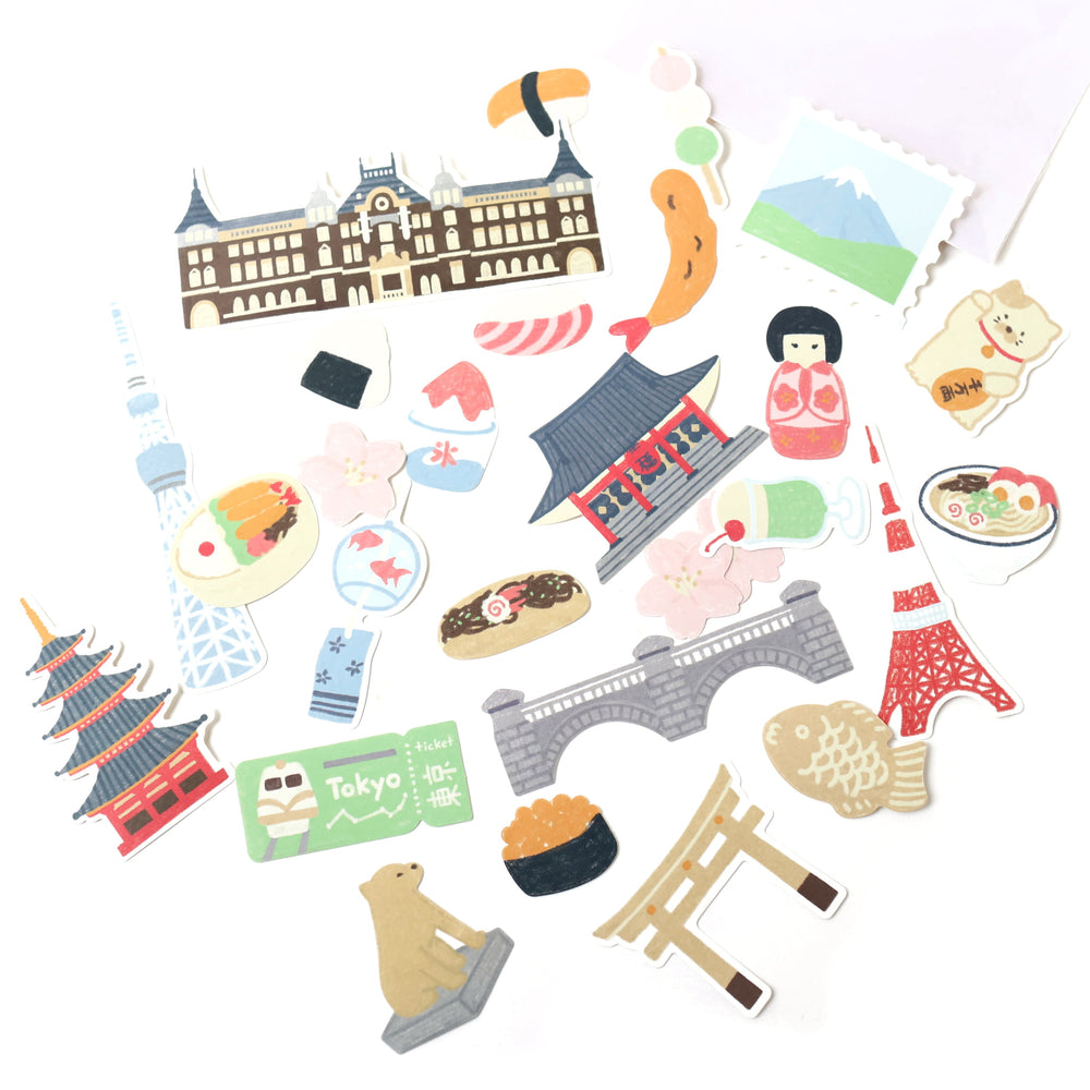 photo packshot de l'assortiment de stickers du lot de 28 gros stickers sur le thème « voyage à tokyo » de la marque sueatelier