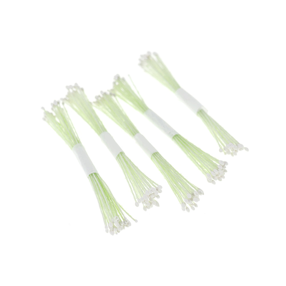 photo packshot de biais du lot de 5 petits fagots de pistils de fleurs vert pâle et blancs (1083)