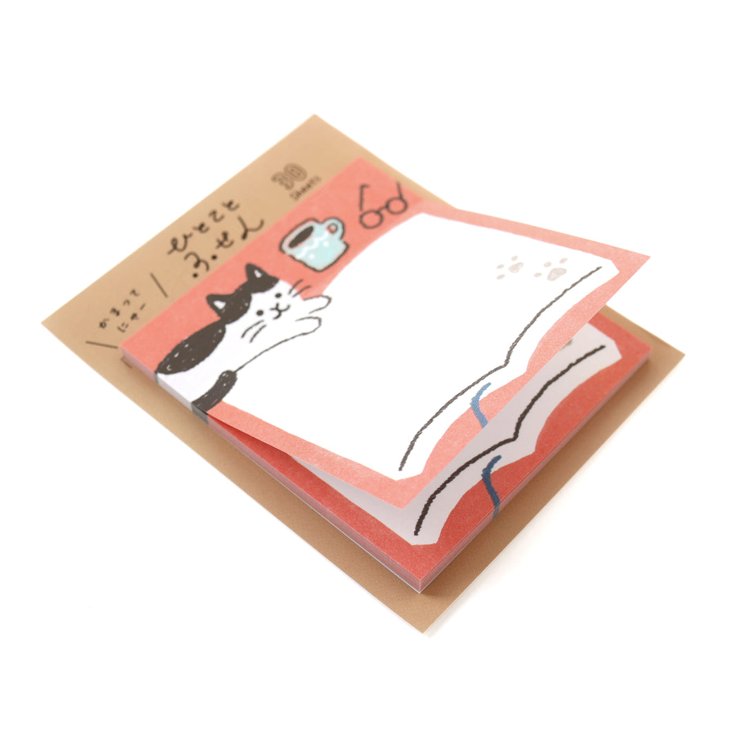 photo packshot de biais des notes autocollantes de 30 feuilles au motifs de chat et de livre furukawashiko