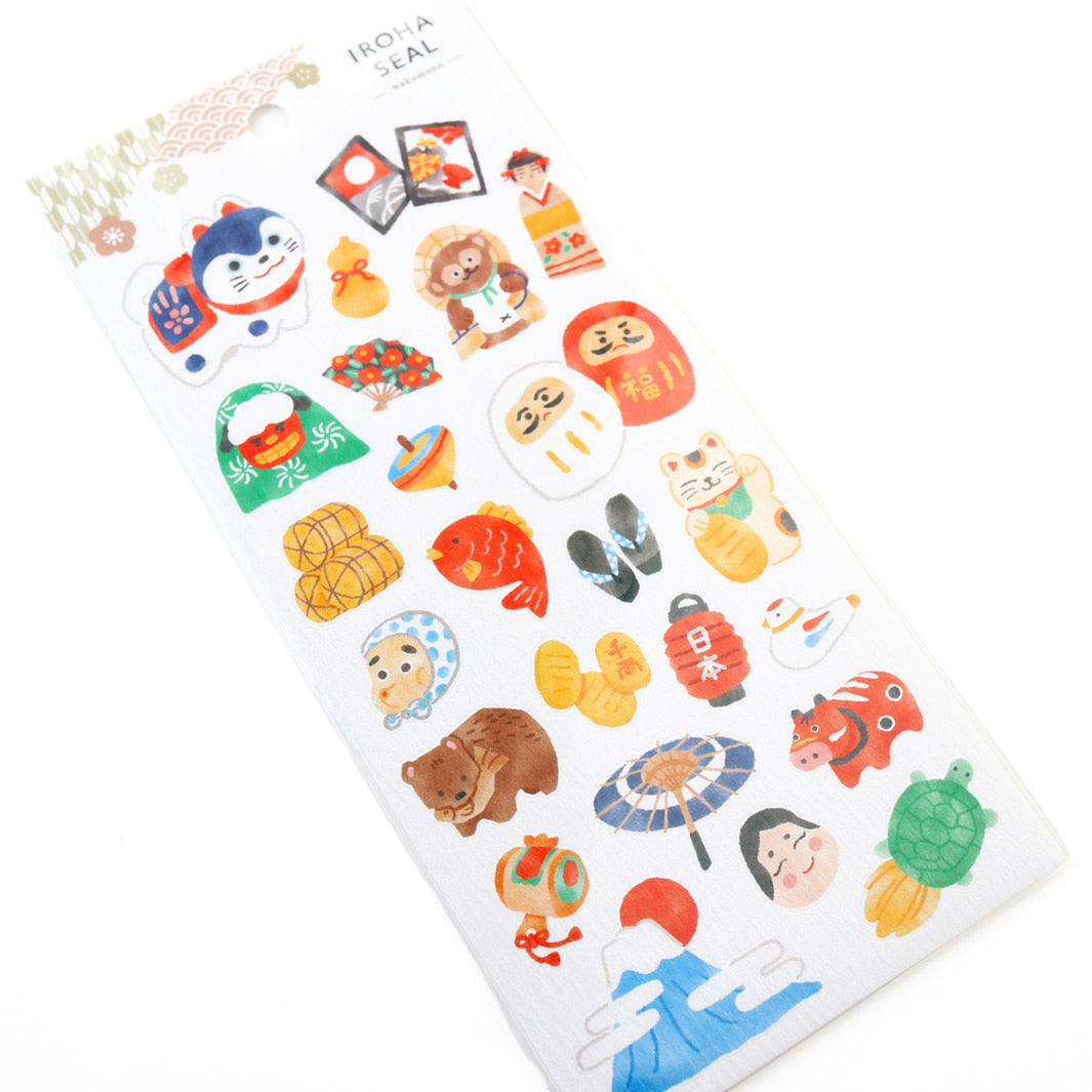 photo packshot de biais de la planche de 24 stickers aux motifs variés d'objet et d'animaux japonais mind wave