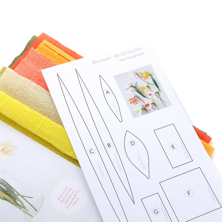 photo packshot de la carte de gabarit du kit bouquet de jonquilles en crépon dans les tons jaunes, orange, corail et verts adeline klam