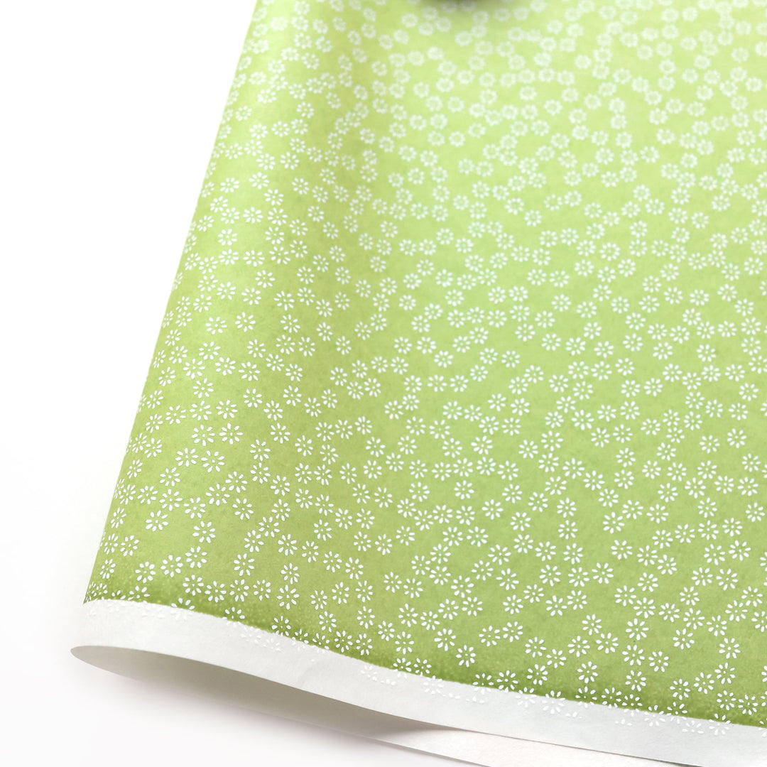 photo packshot d'une courbe de papier japonais yuzen chiyogami aux motifs de semi de fleurs blanches sur fond vert tilleul adeline klam (M1070)