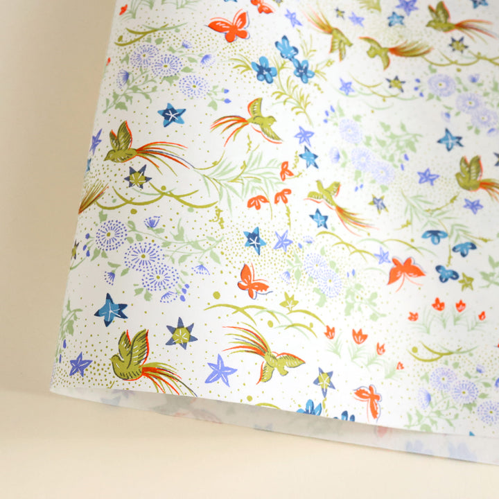 Papier Japonais - Fleurs, Oiseaux et Papillons - Crème, Rouge Orange, Bleu, Mauve et Vert - M1002
