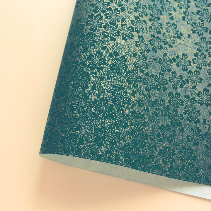 Papier Japonais - Fleurs de Cerisier en Pointillés - Bleu Canard et Or - M958