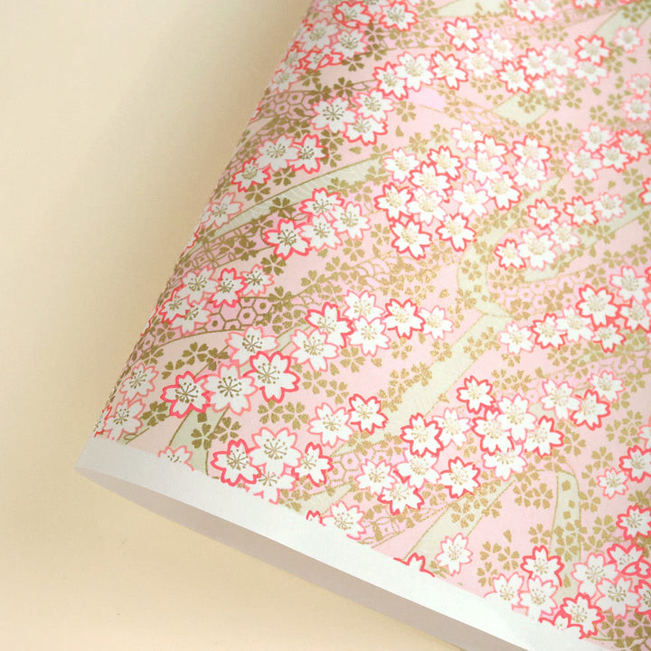 photo packshot d'une courbe de papier japonais yuzen chiyogami aux motifs d'ondulations fleuries dans les tons rose clair et fluo, vert gris et doré adeline klam M996