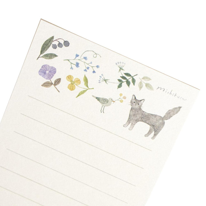 photo packshot du détail du papier à lettre du mini set de 10 papiers à lettre et 5 enveloppes verts aux motifs de chat, d'oiseau et de fleurs de nb bo., ltd. japan