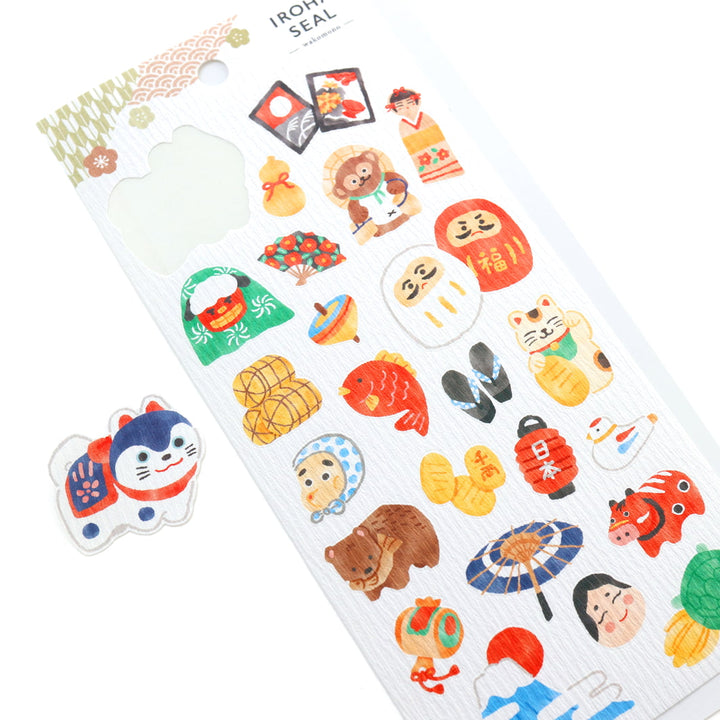 photo packshot d'un détail de la planche de 24 stickes aux motifs variés d'objet et d'animaux japonais mind wave