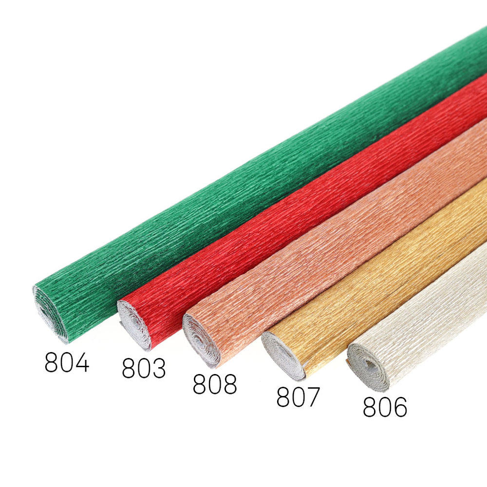 photo packshot de 5 rouleaux de 50cm par 60cm de papiers crépon métallisés épais 180g (804, 803, 808, 807 et 806)