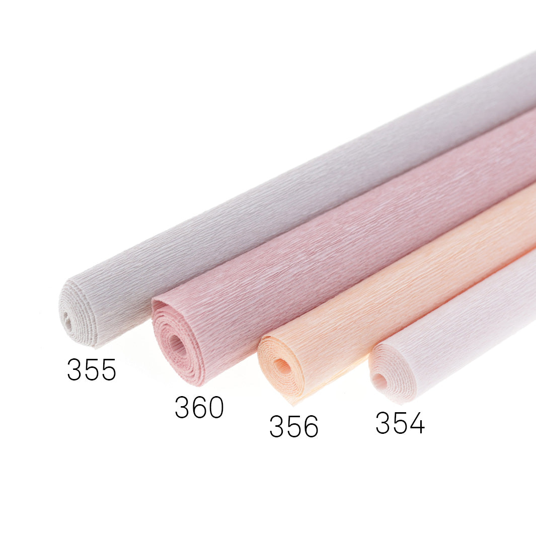 photo packshot de 4 rouleaux de 45cm par 50cm de papiers crépon fins rose clair 90g (355, 360, 356 et 354)