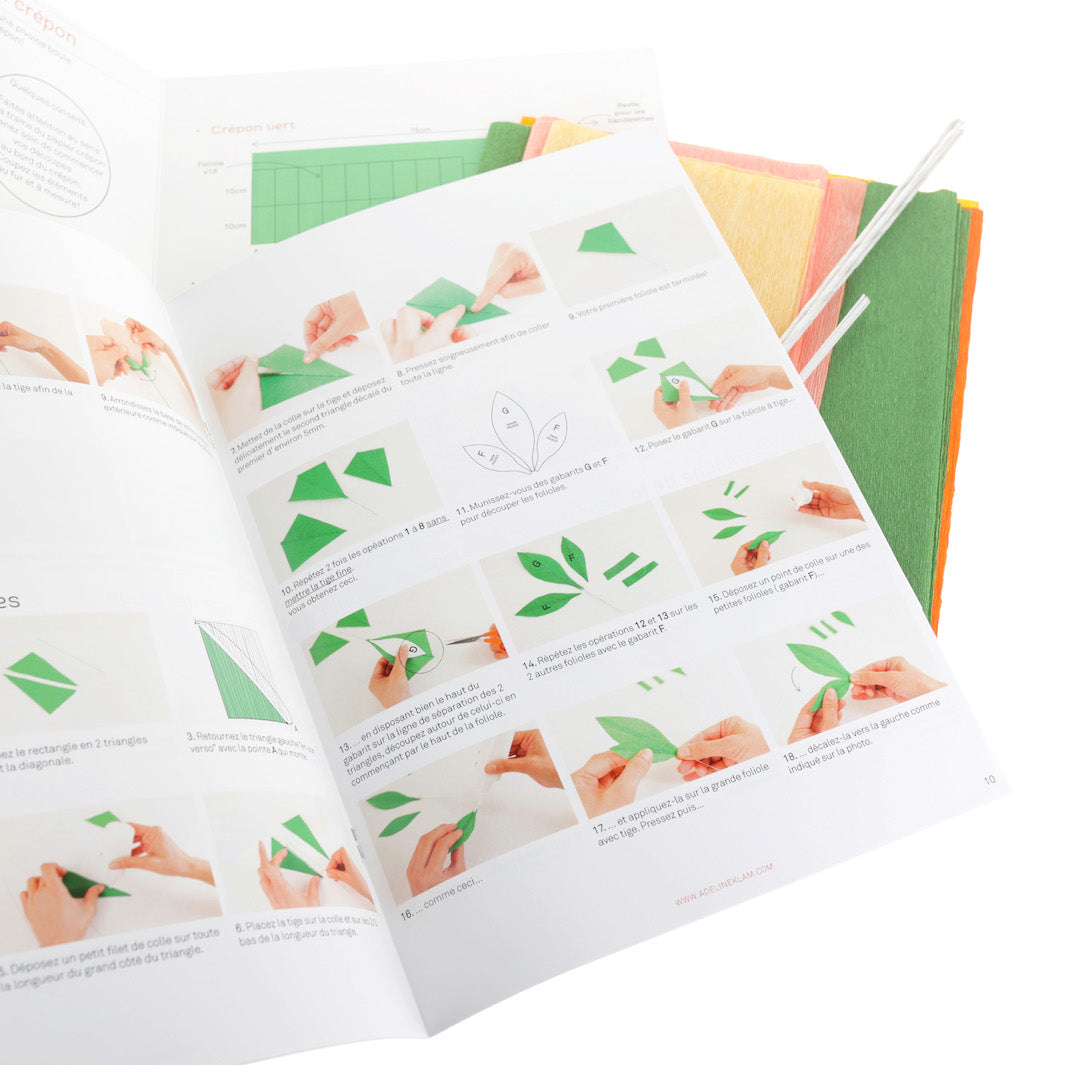 photo packshot du manuel et du matériel du kit bouquet de pivoine jaune, orange, saumon et vert adeline klam