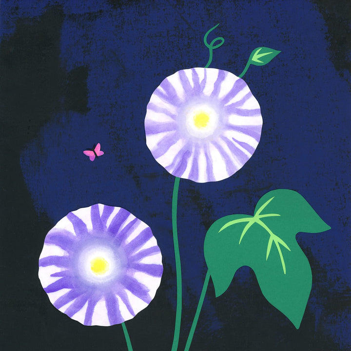 photo packshot d'ipomées découpées violettes sur fond bleu marine de l'atelier de papier découpée « ipomée » avec sande thommen (octobre 2026)