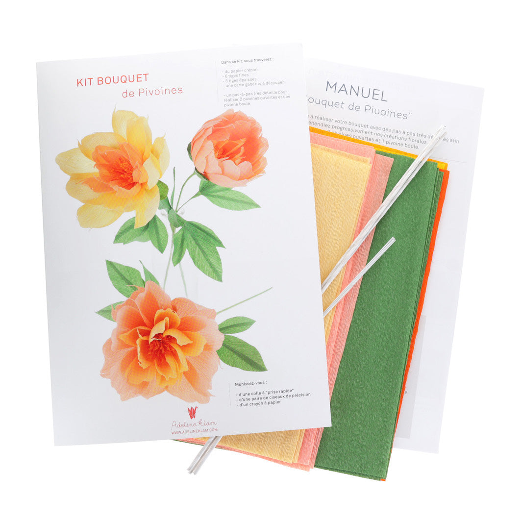 photo packshot du packaging et du matériel du kit bouquet de pivoine jaune, orange, saumon et vert adeline klam
