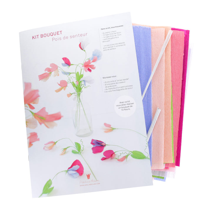 photo packshot du packaging et du matériel du kit bouquet pois de senteur en crépon dans les tons rose clair, rose fuschia, mauve, bleu et vert adeline klam