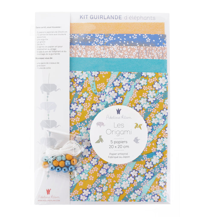 photo packshot du packaging du kit guirlande d'éléphants en origami jaune safran, bleu pervenche, rose clair et bleu canard « bombay » adeline klam