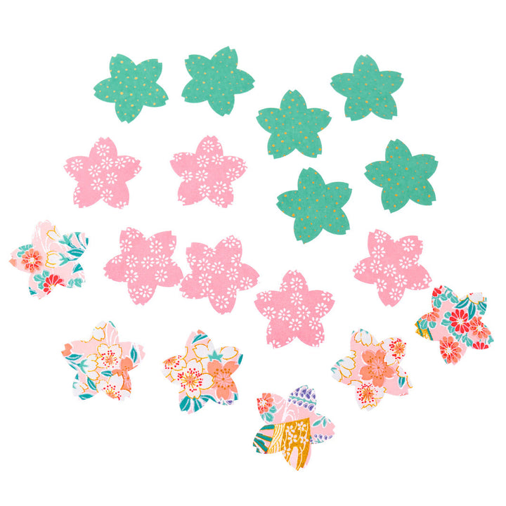 photo packshot du lot de 18 stickers sakura en papier japonais adeline klam dans les tons rose clair et moyen et vert menthe « floraison »