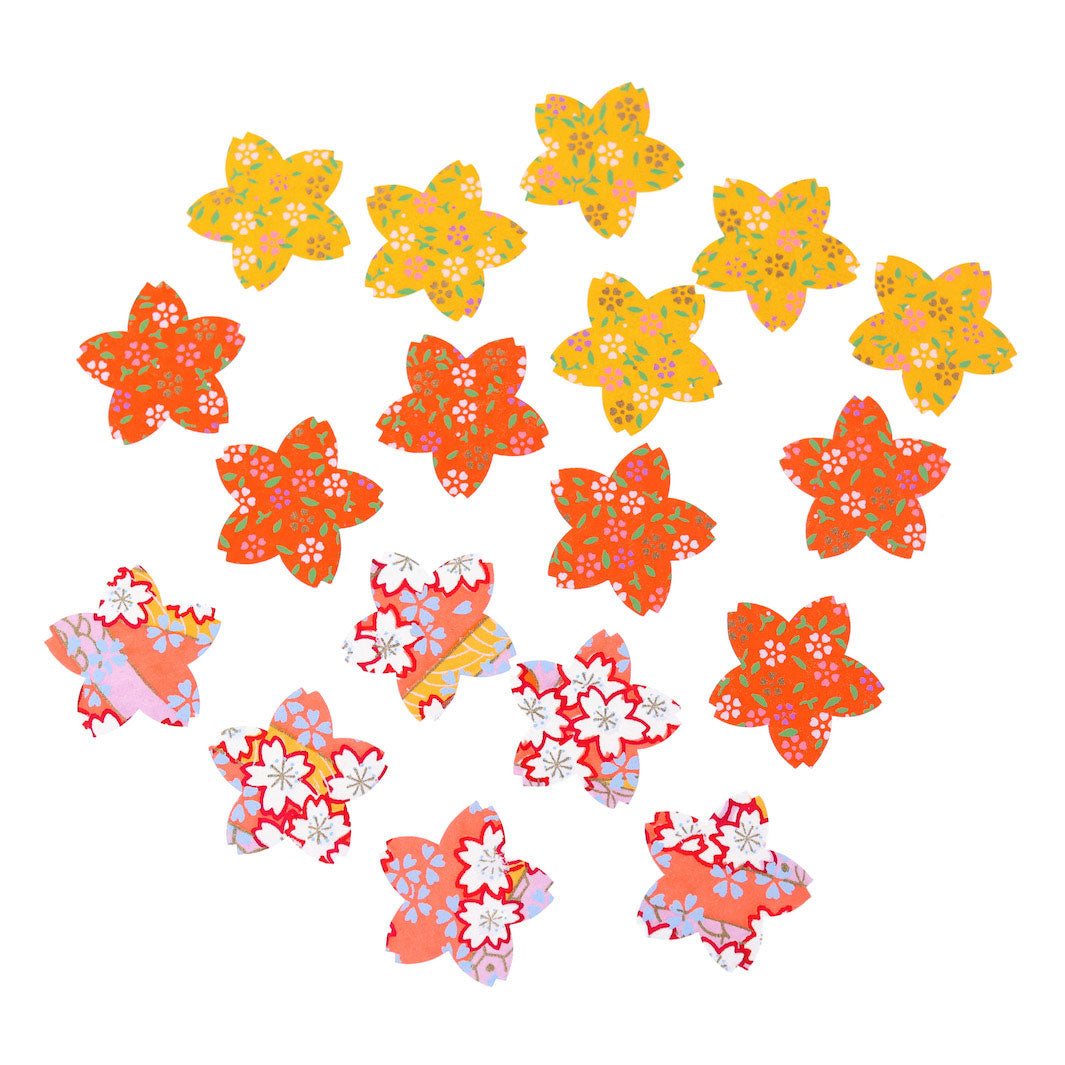 photo packshot du lot de 18 stickers sakura en papier japonais adeline klam dans les tons rouge orange, jaune moutarde et rose corail « pondichéry »