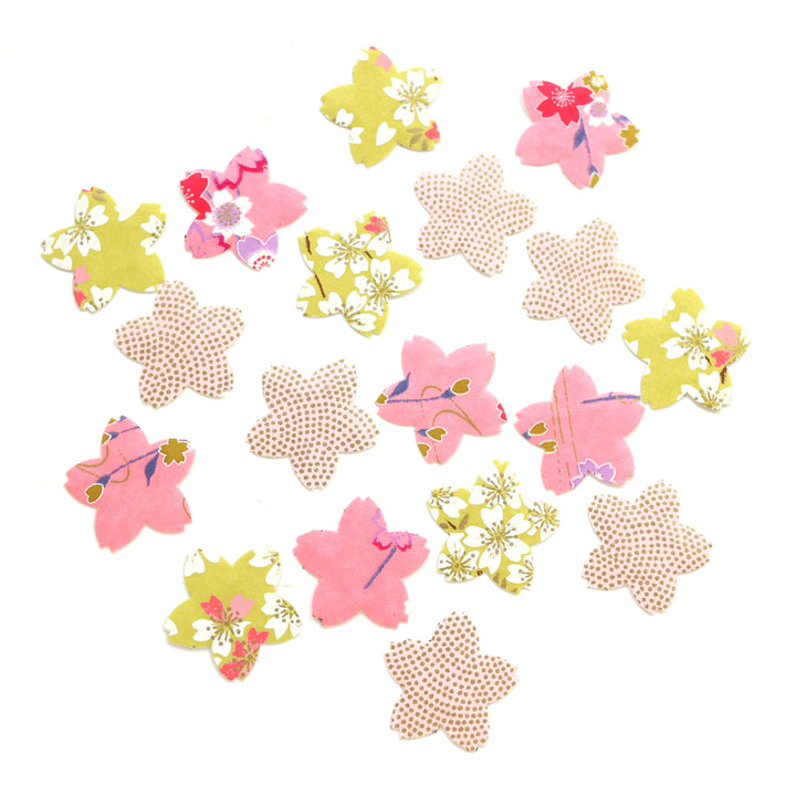 photo packshot du lot de 18 stickers sakura en papier japonais adeline klam dans les tons rose clair, jaune acidulé et rose moyen « iris »