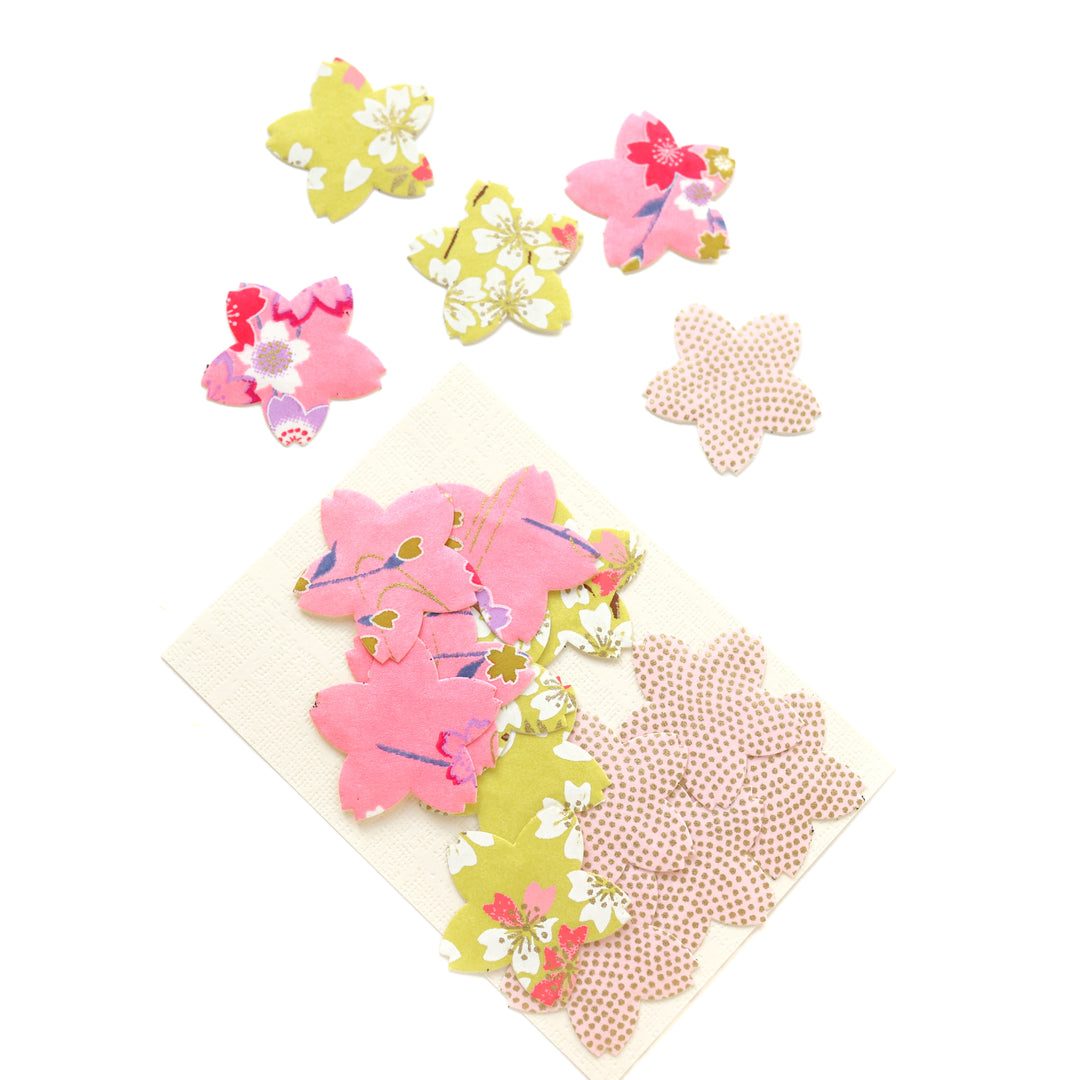 photo packshot du lot de 18 stickers sakura en papier japonais adeline klam dans les tons rose clair, jaune acidulé et rose moyen « iris »