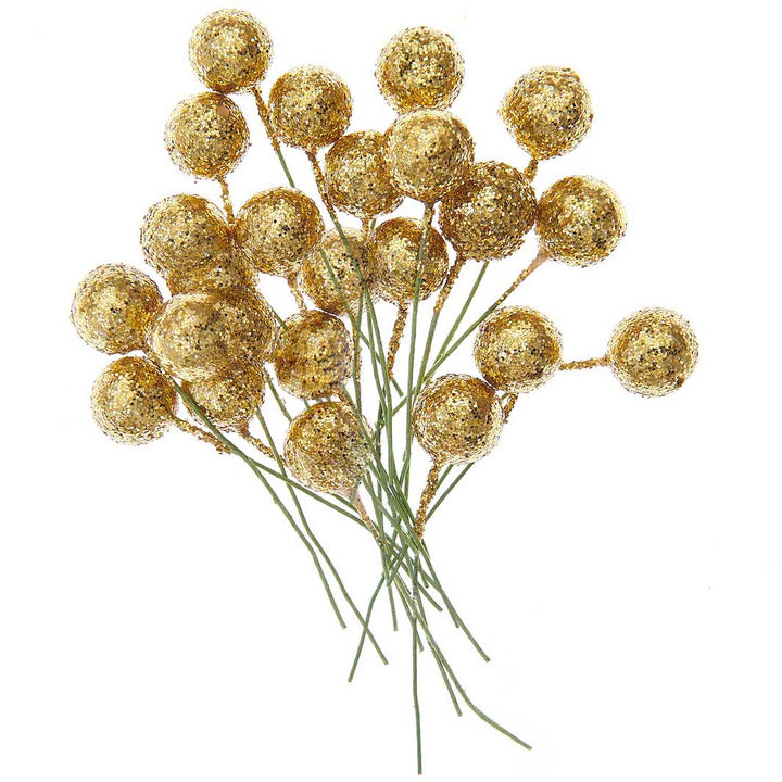 Lot de 24 Baies sur Tiges - Pailleté, Or Jaune