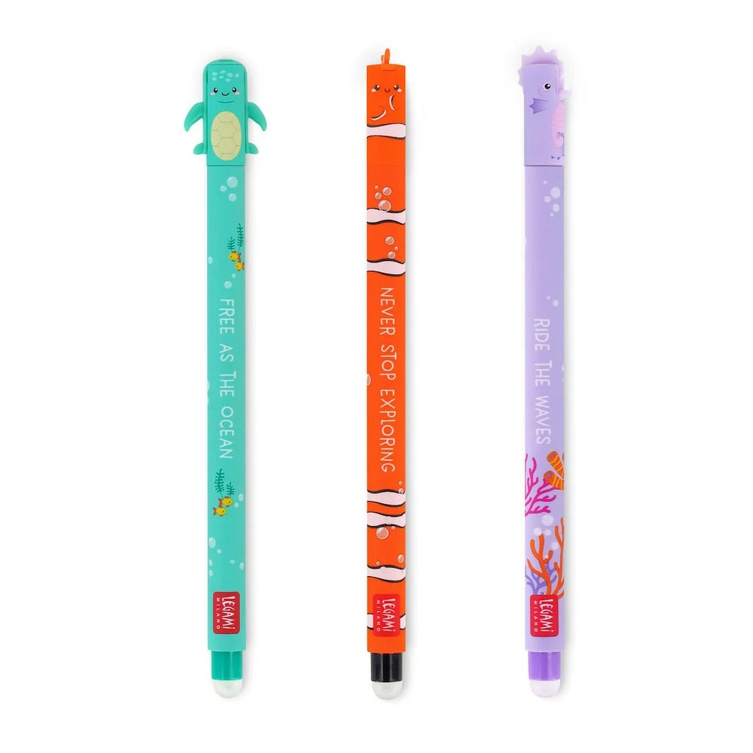 photo packshot du lot de 3 stylos gel effaçables « under the sea » aux encres turquoise, noires et violettes et à la pointe 0,7mm legami