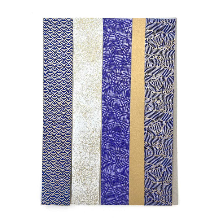 photo packshot du lot de 5 bandes de papiers japonais dans les tons bleu nuit, blanc cassé et doré « céleste » adeline klam