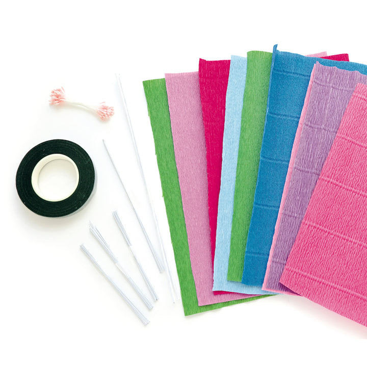 photo packshot du matériel du kit bouquet d'hortensia en crépon dans les tons bleu clair et foncé, rose fuschia et mauve « quimper » adeline klam