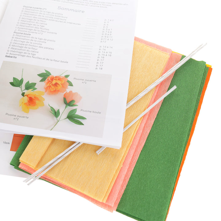photo packshot du manuel et du matériel du kit bouquet de pivoine jaune, orange, saumon et vert adeline klam