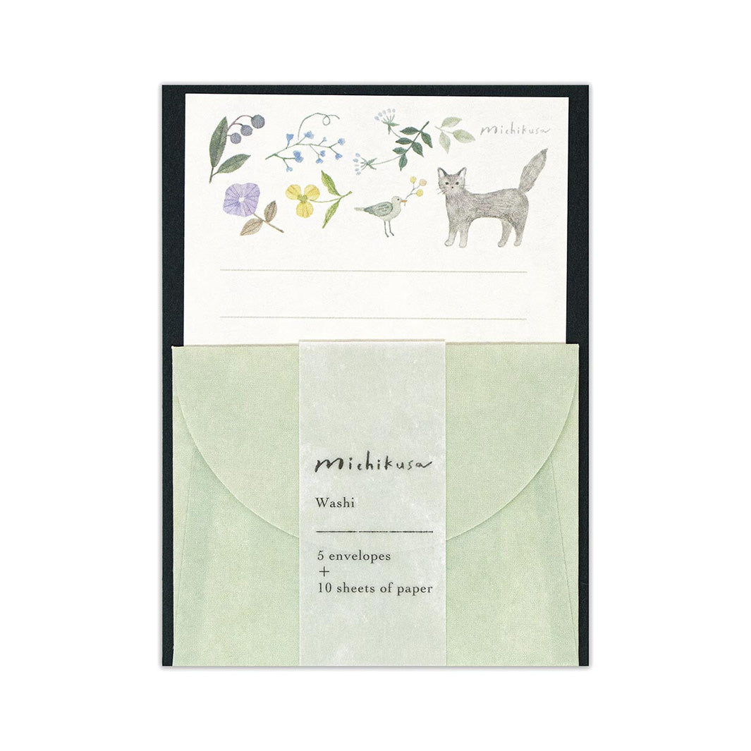 photo packshot du packaging du mini set de 10 papiers à lettre et 5 enveloppes verts aux motifs de chat, d'oiseau et de fleurs de nb bo., ltd. japan