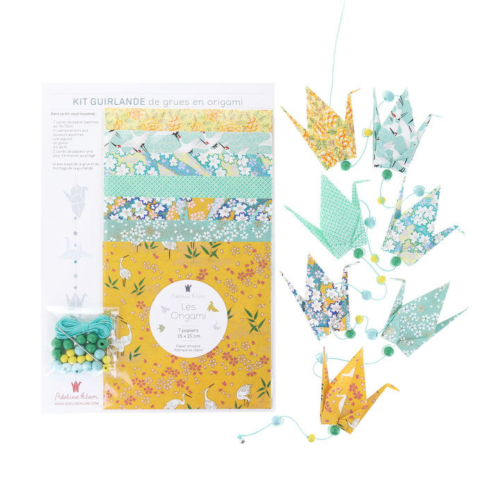 Kit Guirlande de Grues en Origami - Jaune Moutarde, Vert d'Eau et Bleu Turquoise - Oasis - U7