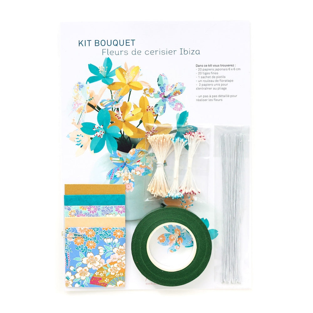 photo packshot du packaging du kit fleurs de cerisier bleu canard, vert d'eau rose pêche et or jaune « ibiza » adeline klam